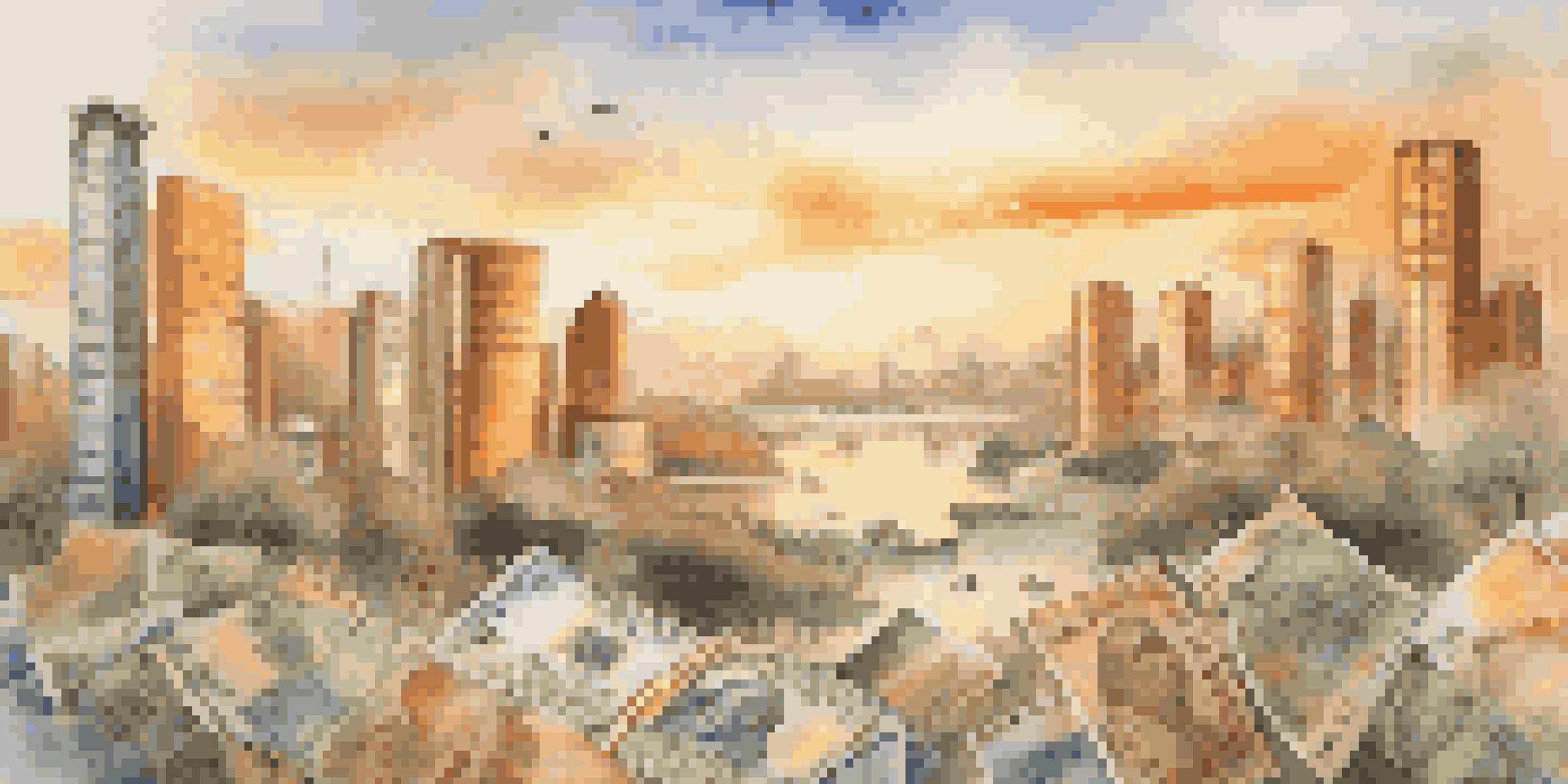 A tranquil landscape illustrating a mix of investment elements, including a stock market graph, currency notes, and real estate buildings, illuminated by warm sunset light.