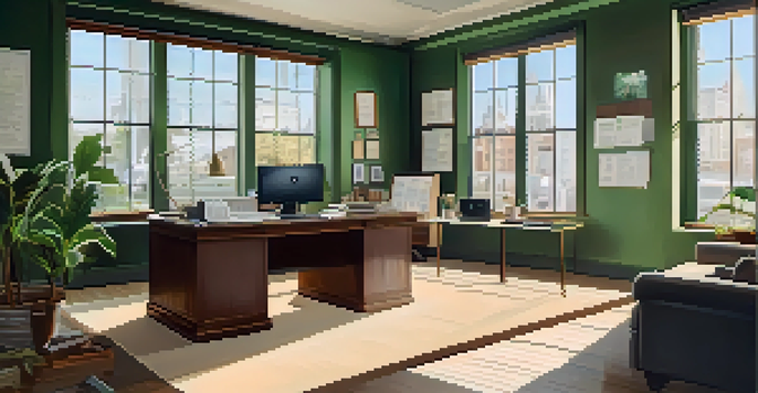 A modern office workspace with a wooden desk, financial documents, a laptop showing financial ratios, and a potted plant, illuminated by natural light.