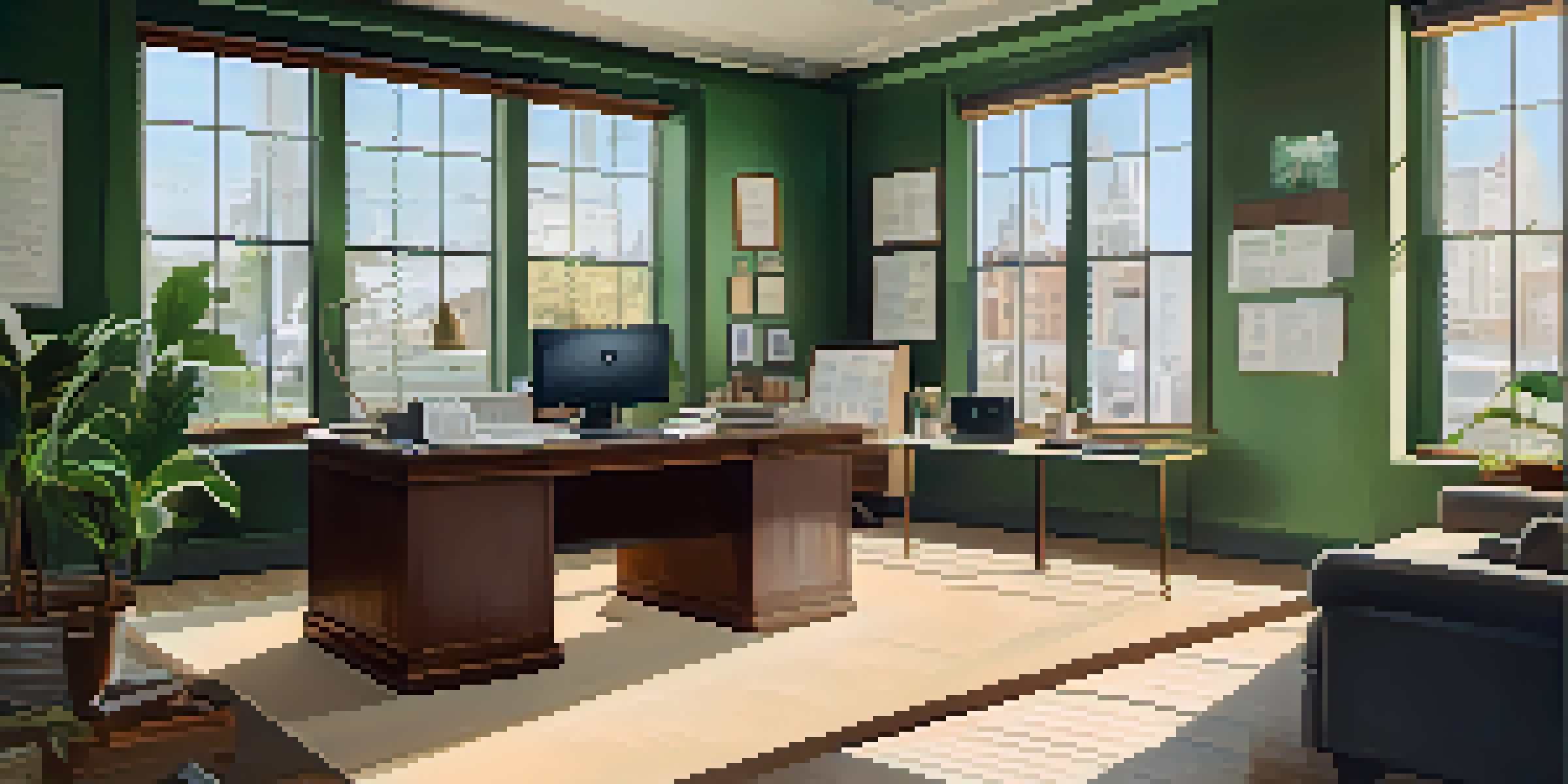 A modern office workspace with a wooden desk, financial documents, a laptop showing financial ratios, and a potted plant, illuminated by natural light.