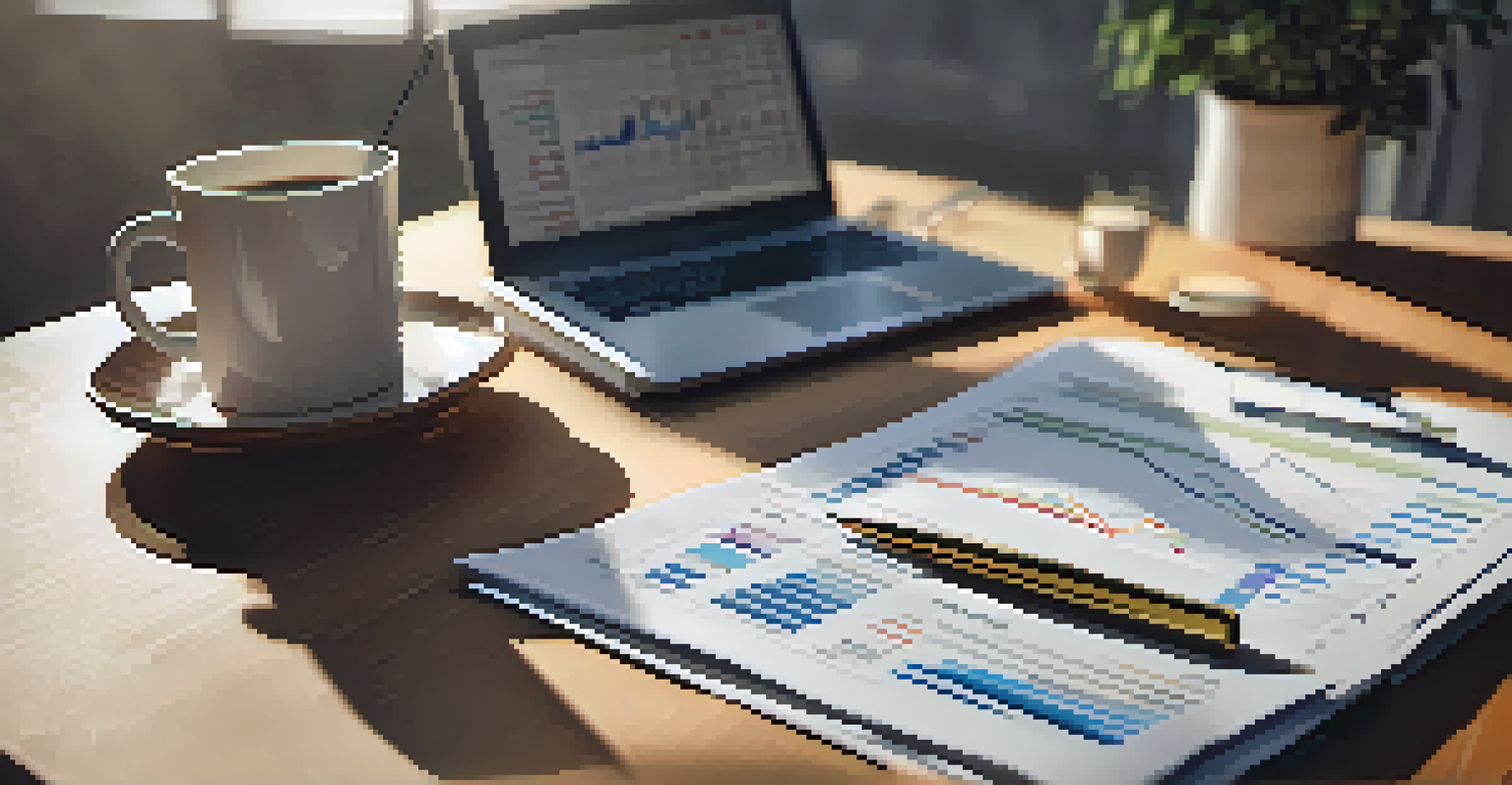 A close-up view of a financial report with charts and graphs on a modern desk with a cup of coffee.
