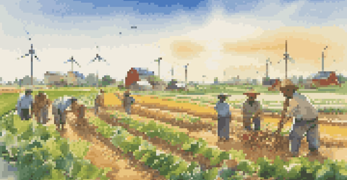 A sustainable farm with solar panels and wind turbines, featuring diverse farmers working in lush green fields under a blue sky.