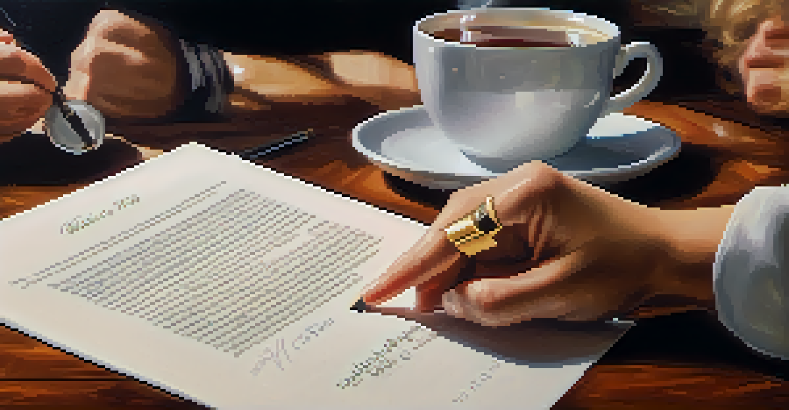 A hand signing a will with a family photo in the background.