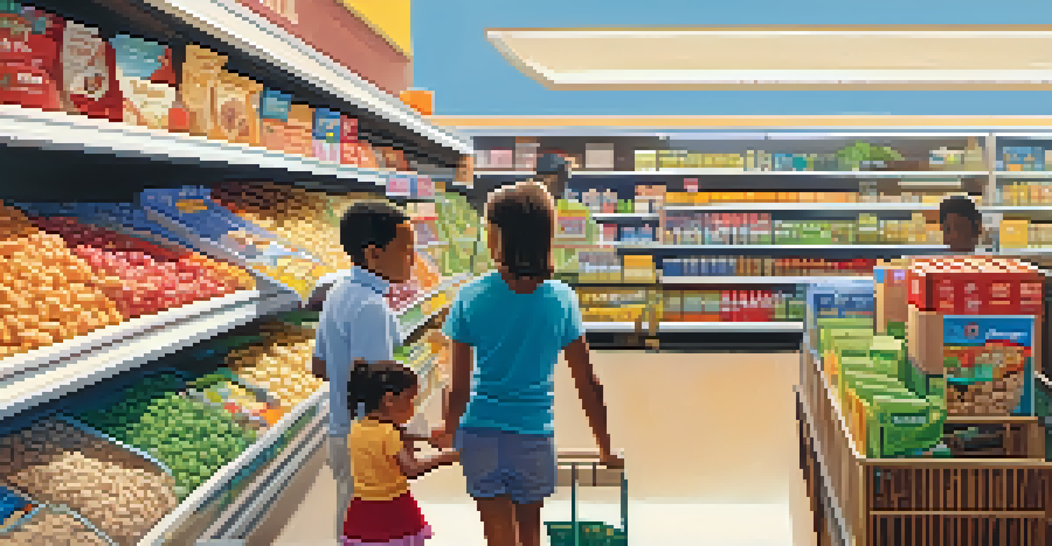 A family with a child in a grocery store comparing prices on cereal boxes with a shopping list in hand.