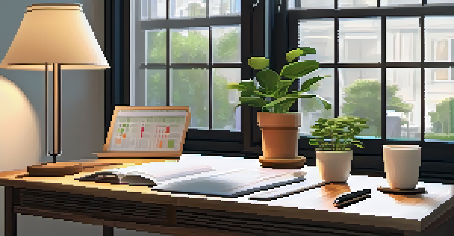 An elegant workspace with a wooden desk, a laptop, and a potted plant, illuminated by natural light from a window.