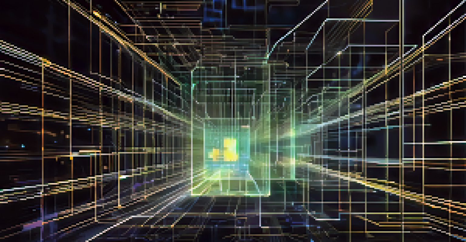 A close-up of a blockchain network with glowing blocks and data streams against a dark background.