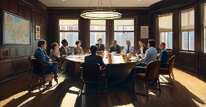 A cozy investment club meeting room with diverse members around a round wooden table, discussing investment strategies with charts on the walls.