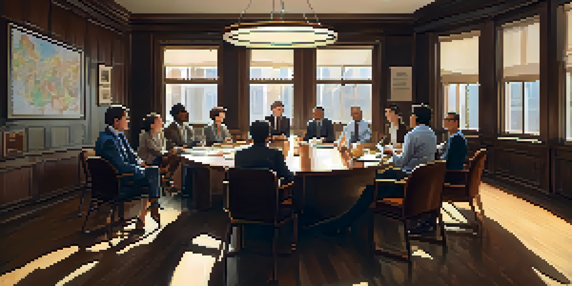 A cozy investment club meeting room with diverse members around a round wooden table, discussing investment strategies with charts on the walls.