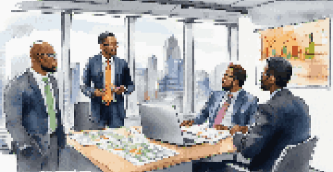 A diverse group of professionals in an office meeting discussing cash flow, with charts on a whiteboard and a laptop open showing financial data.