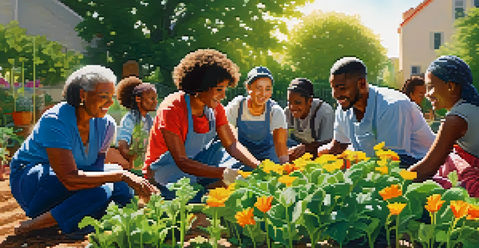 A diverse group of people working together in a community garden, planting flowers and vegetables under soft sunlight.