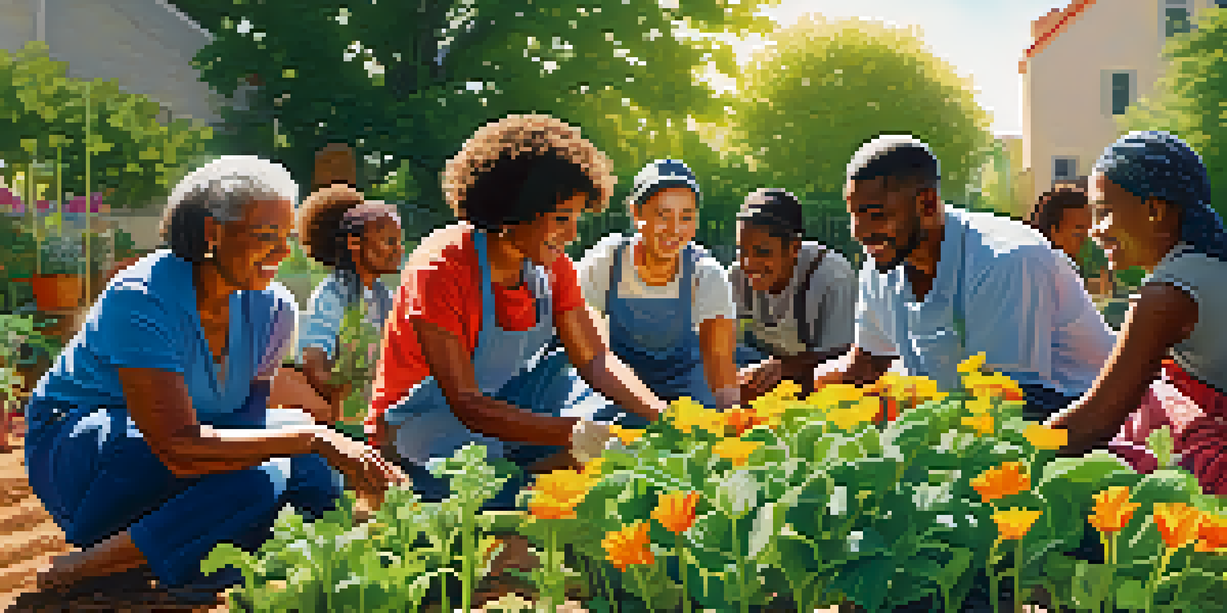 A diverse group of people working together in a community garden, planting flowers and vegetables under soft sunlight.