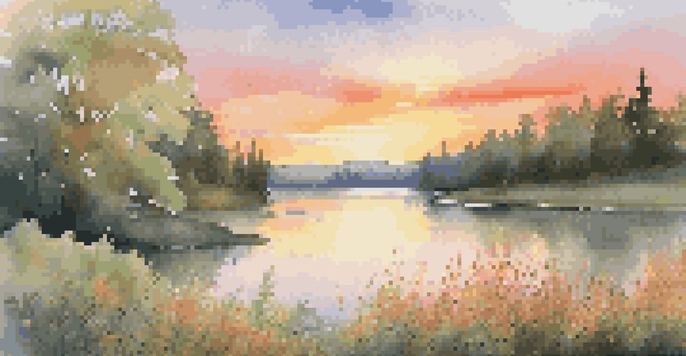 A beautiful sunrise over a calm lake surrounded by trees and wildflowers, showcasing warm colors in the sky.