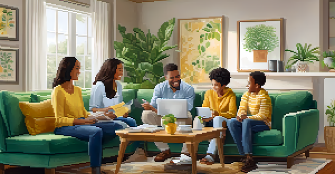A diverse family discussing finances in a cozy living room with charts and a laptop on the table.