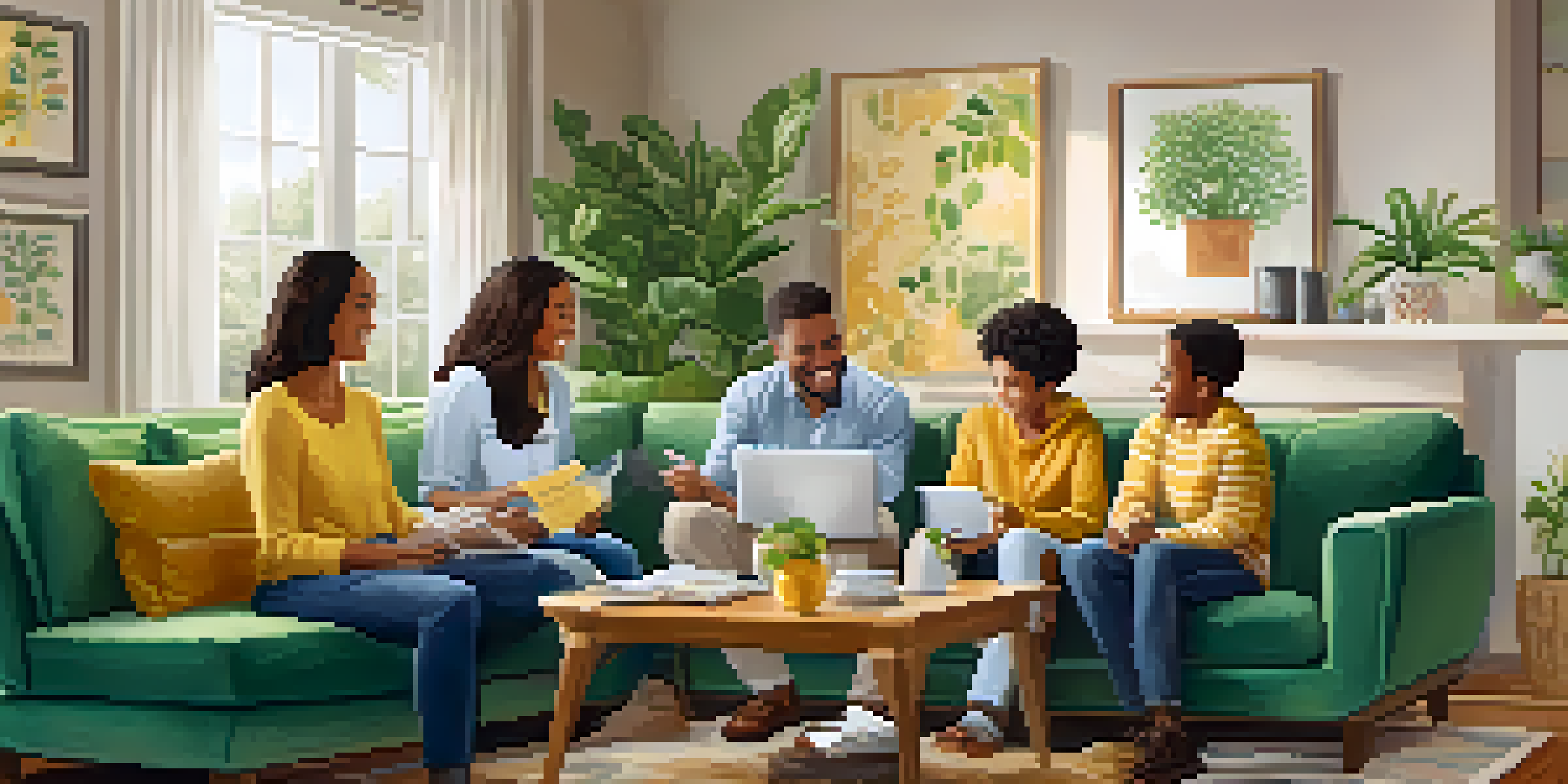 A diverse family discussing finances in a cozy living room with charts and a laptop on the table.
