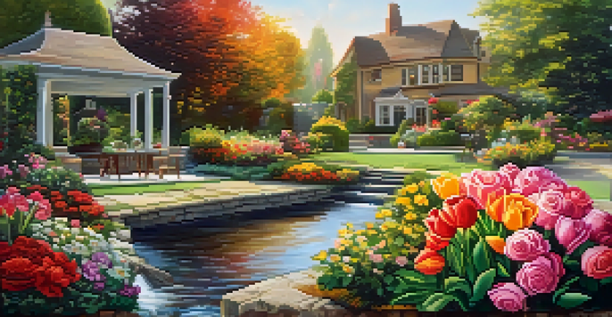 A vibrant garden filled with colorful flowers and a flowing stream, representing healthy cash flow.