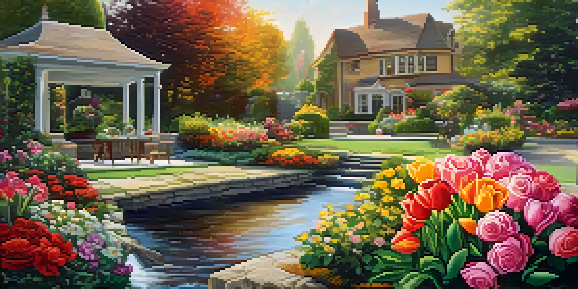 A vibrant garden filled with colorful flowers and a flowing stream, representing healthy cash flow.