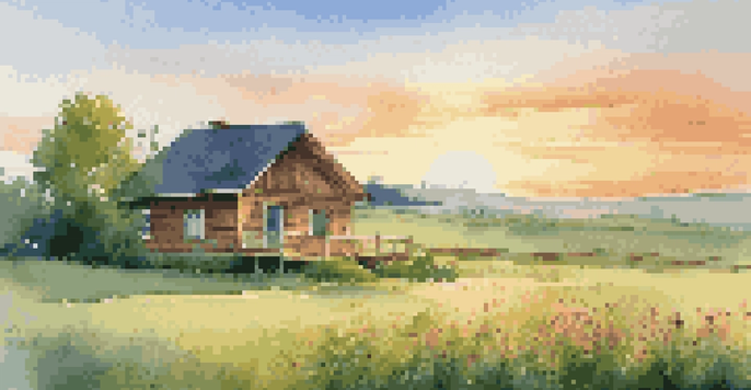 A peaceful green field with a wooden house and colorful flowers under a blue sky and sunset lighting.