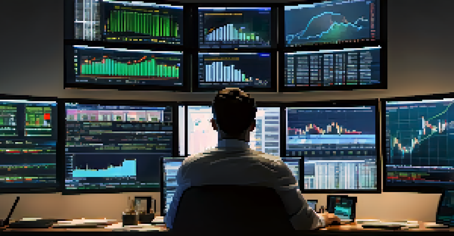 A Forex trader intensely analyzing charts on a laptop in a dimly lit room, with multiple screens in view.