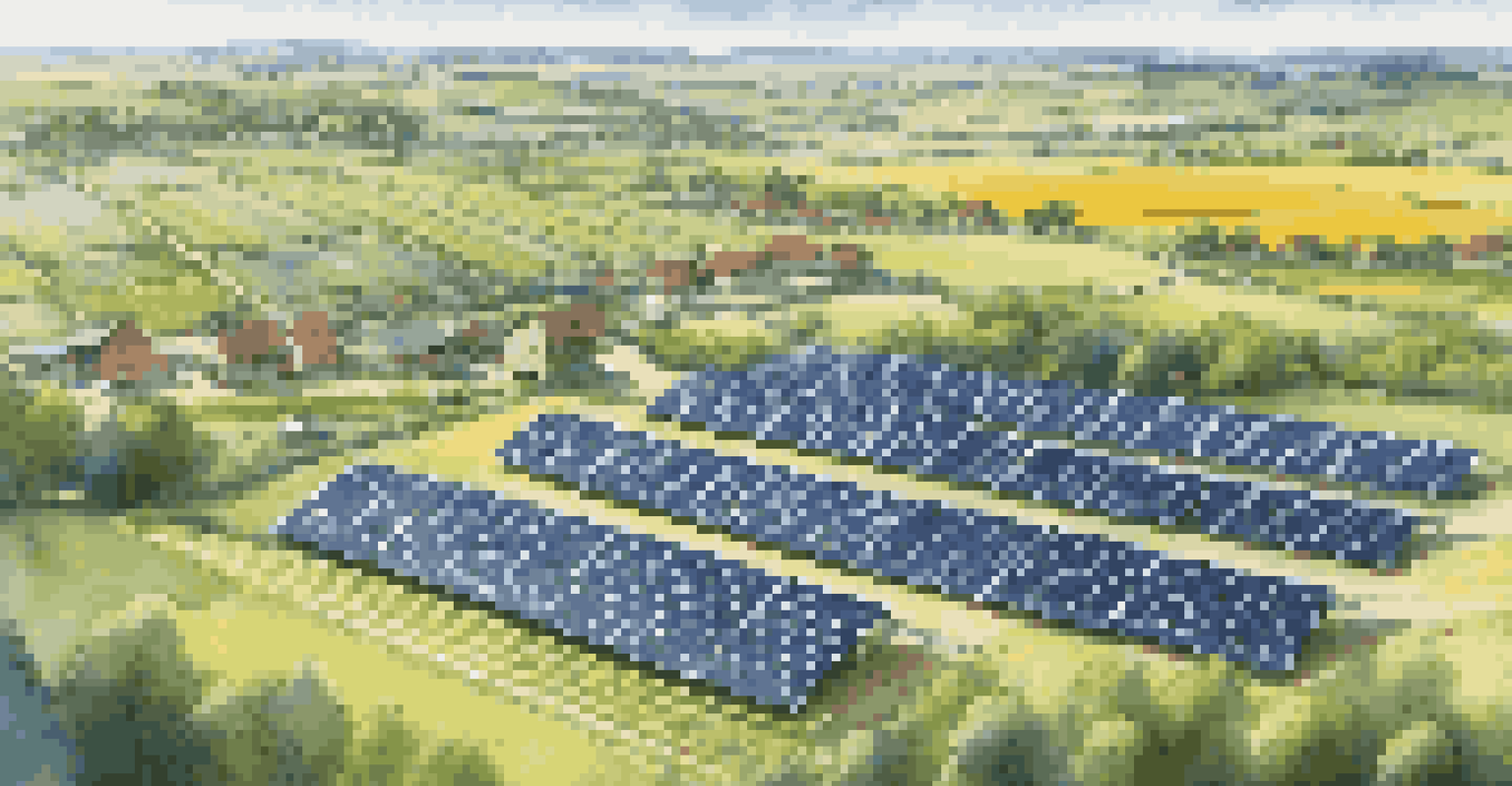 An aerial view of a solar panel farm set in a rural landscape with a community in the background.