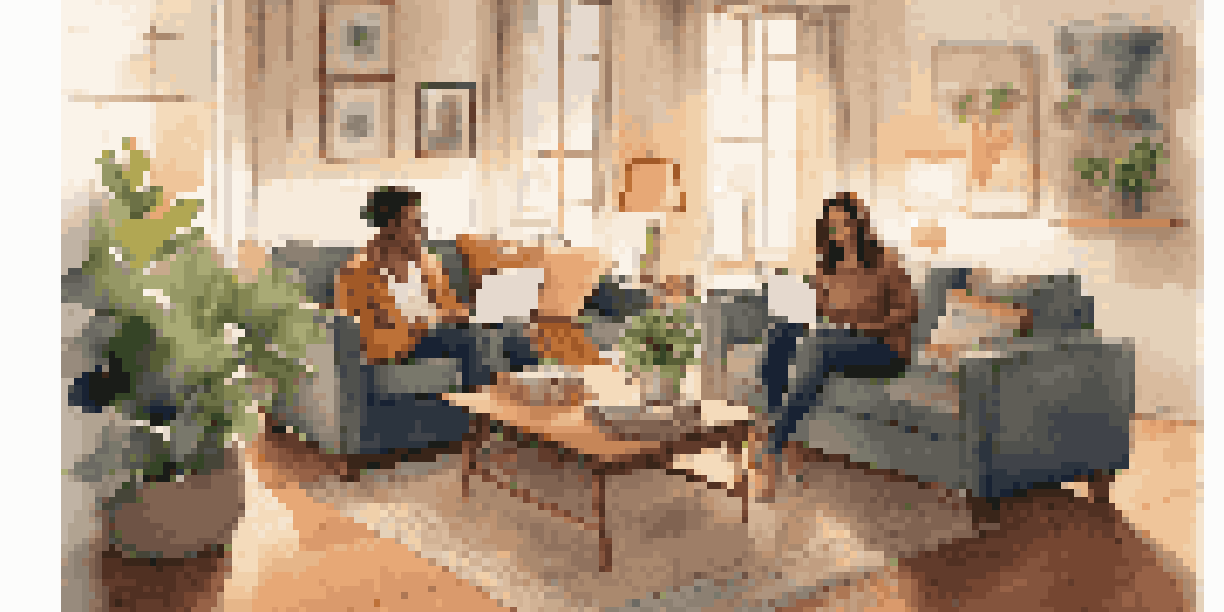 A couple sitting in a cozy living room discussing their budget over a laptop, surrounded by financial documents and a potted plant.