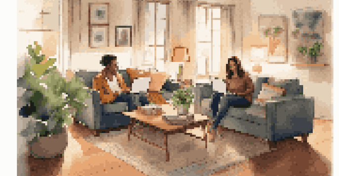 A couple sitting in a cozy living room discussing their budget over a laptop, surrounded by financial documents and a potted plant.