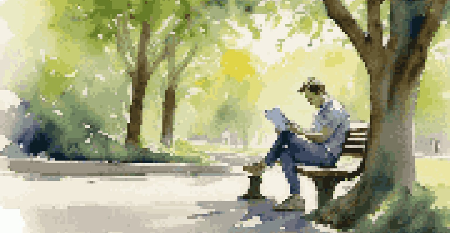 A person in a park reviewing finances on a tablet, surrounded by greenery and soft sunlight.