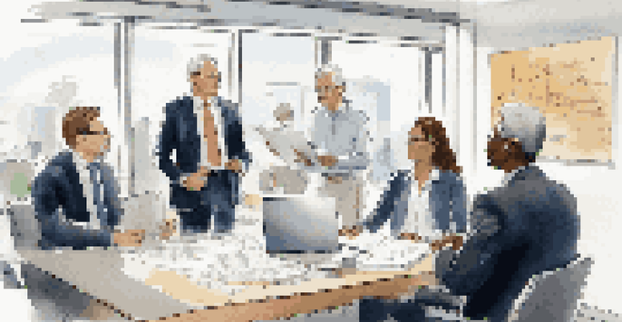 A diverse group of employees in a bright office discussing retirement rollovers, with a whiteboard and laptop present.