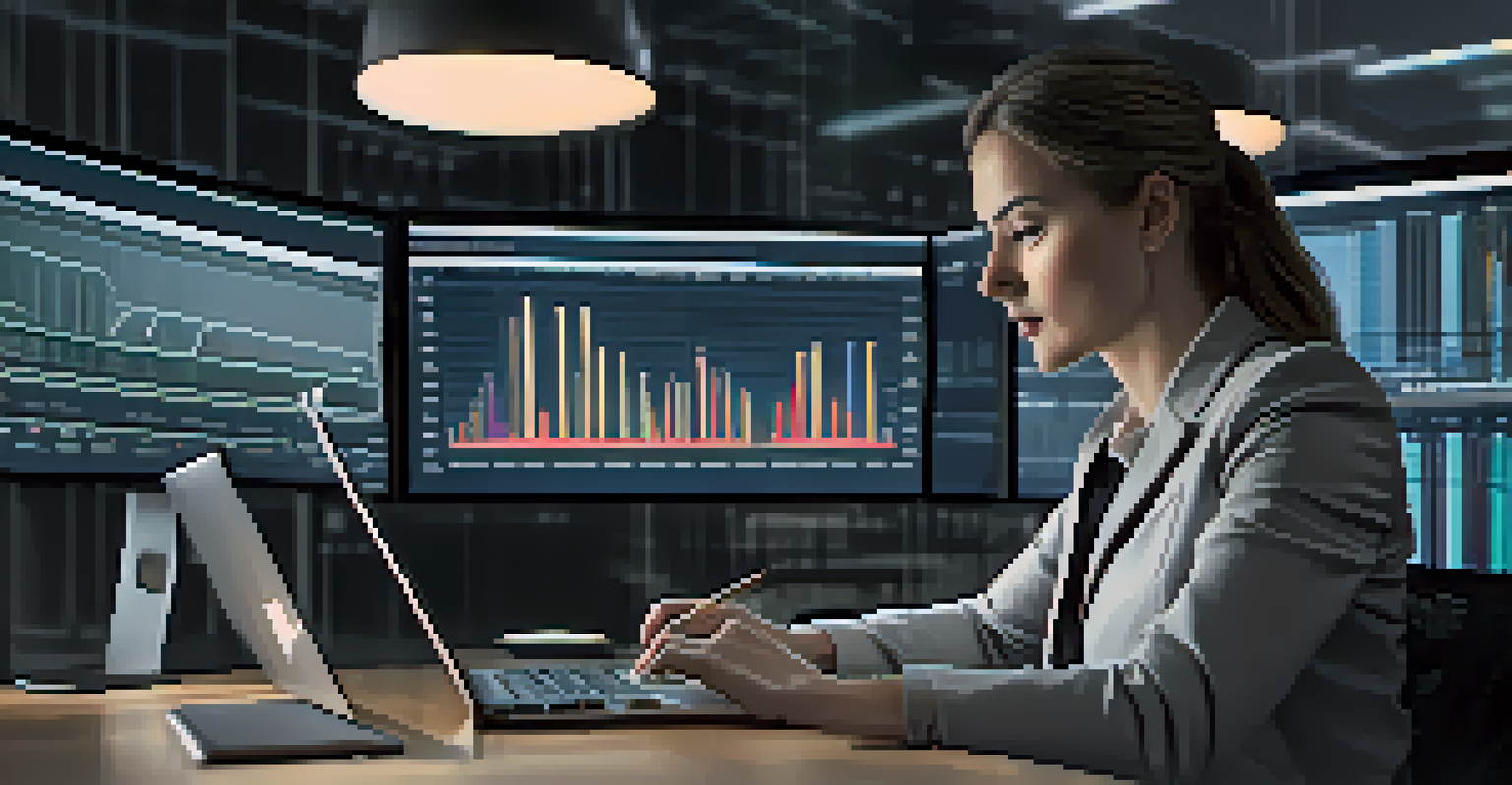 A close-up of a financial analyst with a laptop showing data visualizations and risk assessment graphs in a modern office.