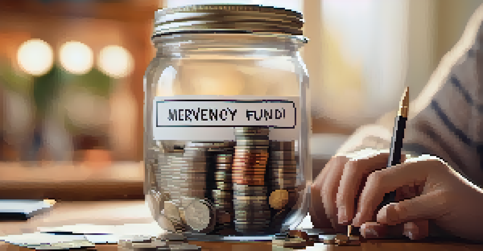 Close-up of hands placing coins and bills into a transparent emergency fund jar in a cozy living space.