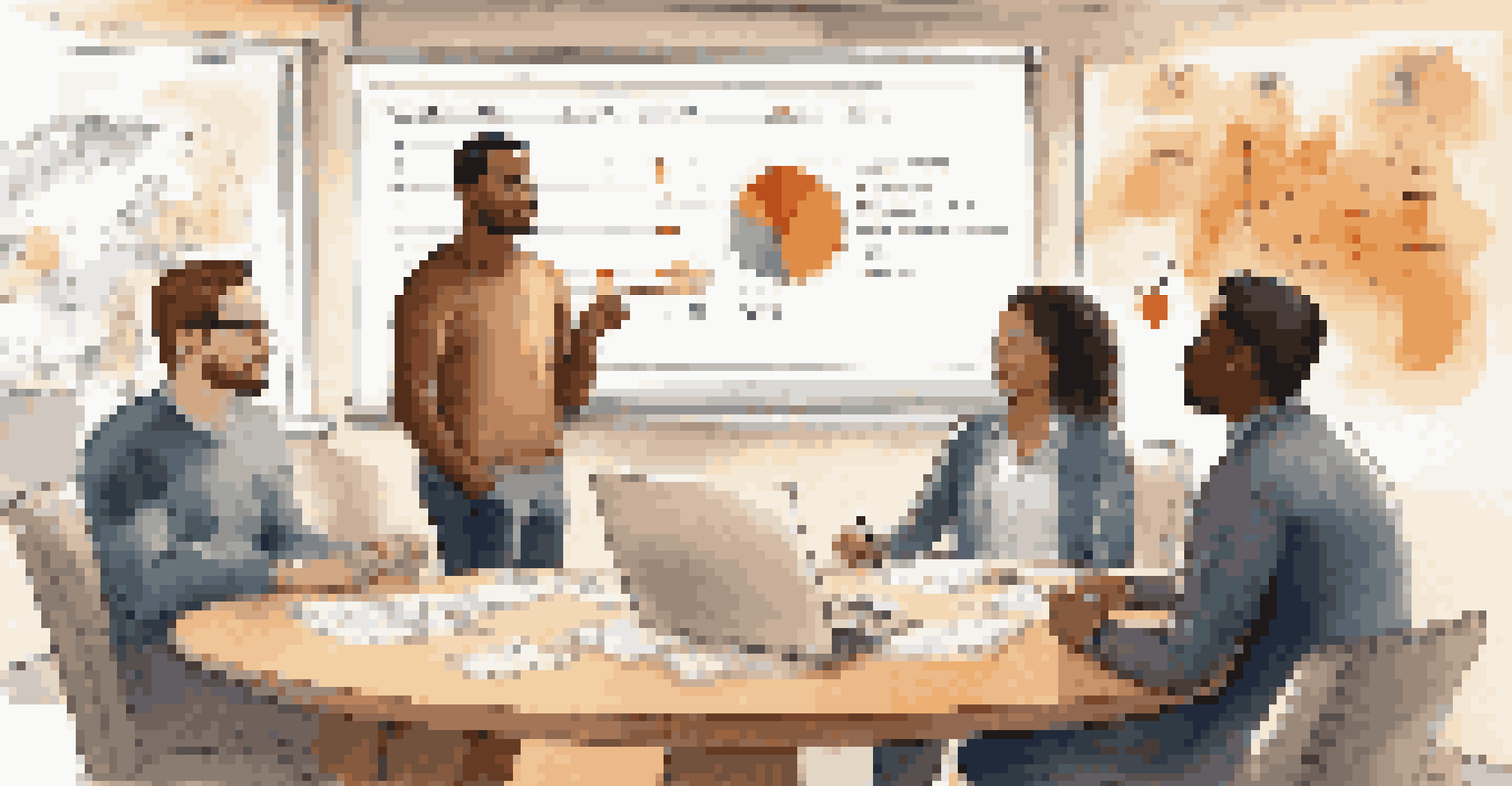 A diverse group discussing financial goals in a cozy meeting room, surrounded by charts and graphs.