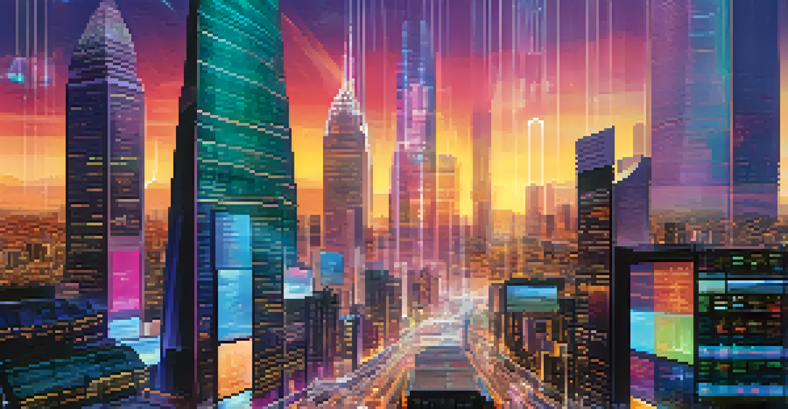 A futuristic cityscape with digital graphs and charts, illuminated in vibrant colors, representing the integration of technology and finance.