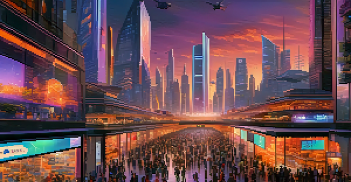 A futuristic city skyline at sunset with skyscrapers, colorful sky, drones, and people using AI kiosks.