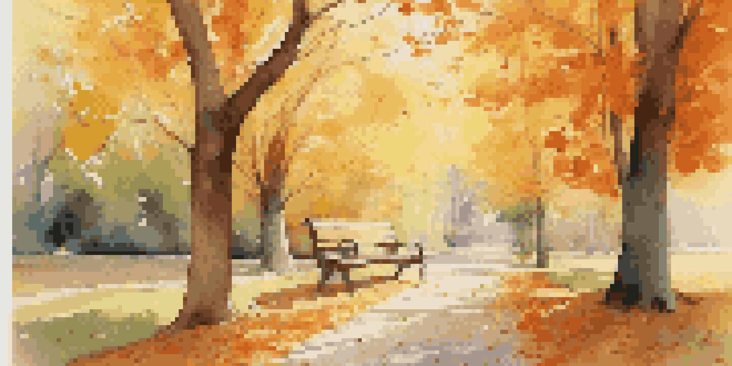 A peaceful autumn park with a tree-lined path and colorful leaves on the ground, featuring a wooden bench.