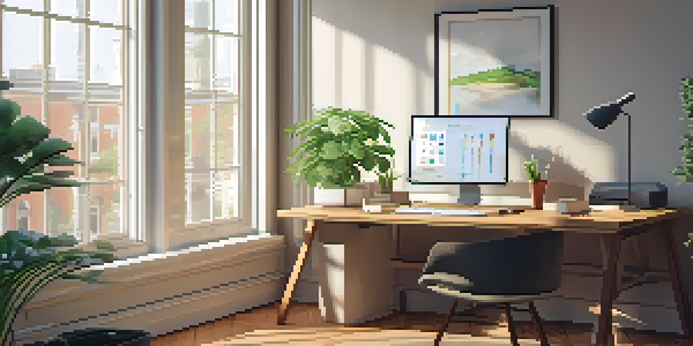 A peaceful office setting with a wooden desk, an open laptop showing financial data, and a potted plant, illuminated by natural light.