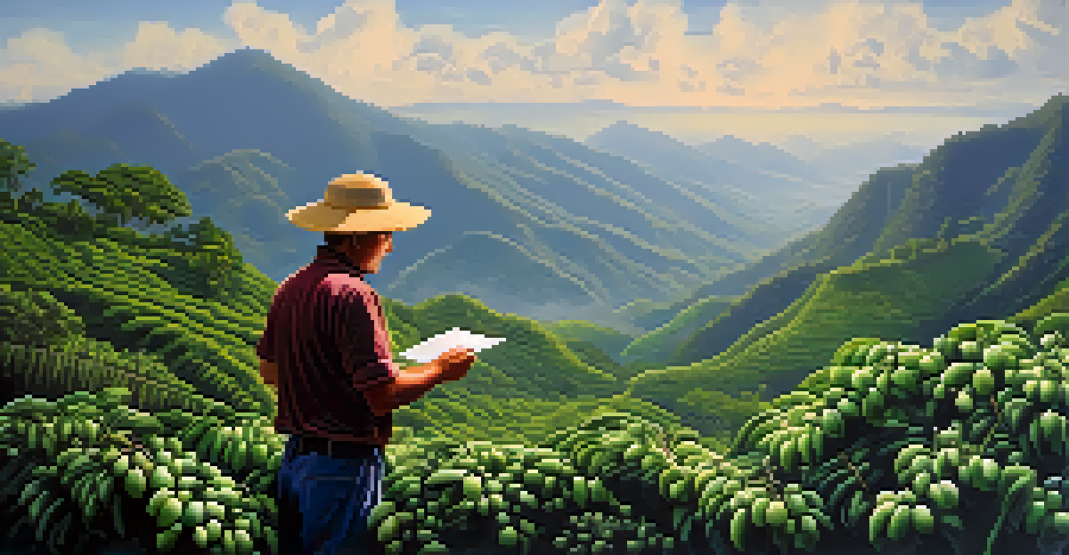 A farmer checking coffee plants with ripe cherries in a tropical landscape.