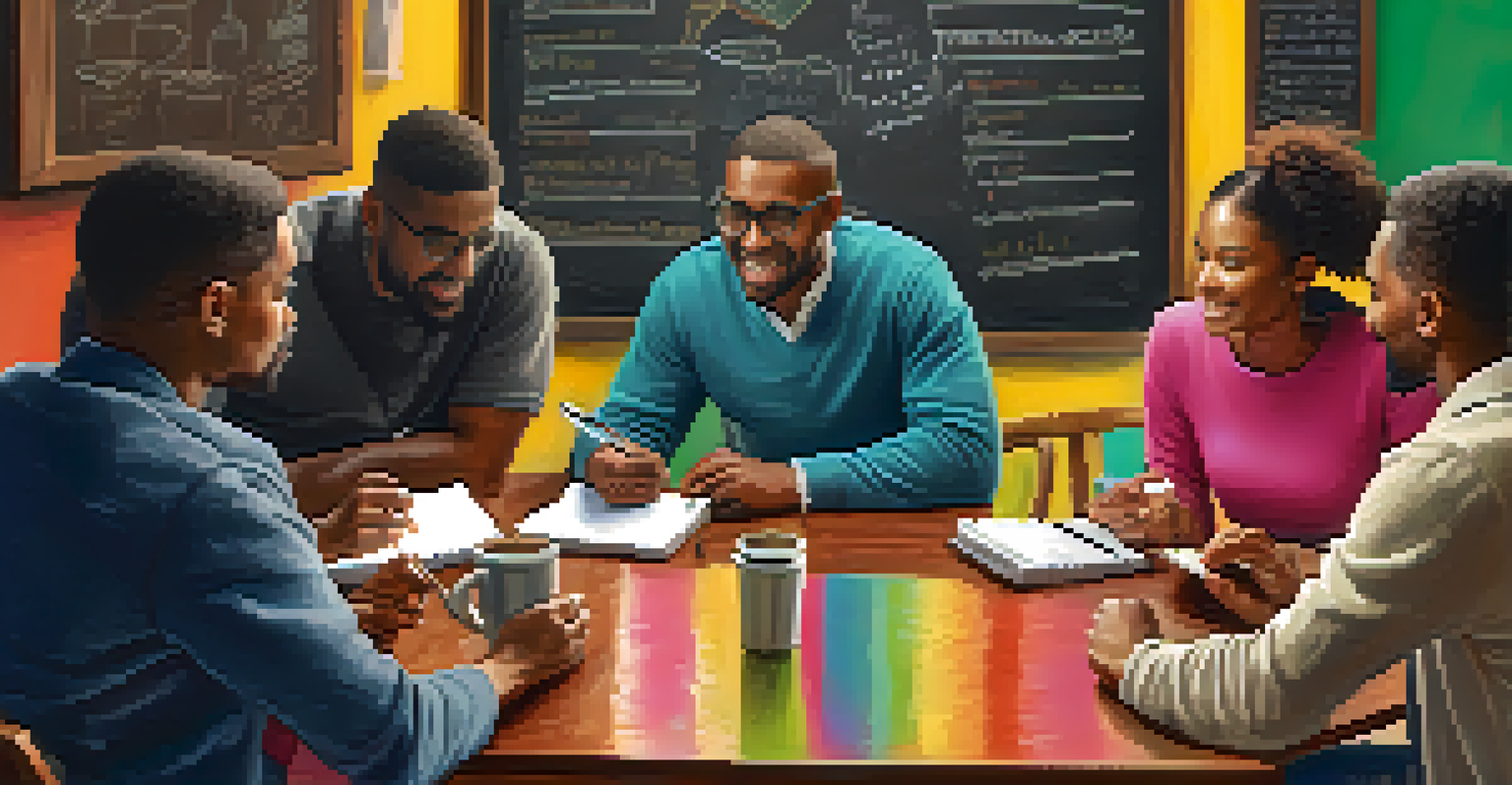 A diverse group of individuals discussing financial planning in a café, with notepads and coffee, and a chalkboard filled with tips in the background.