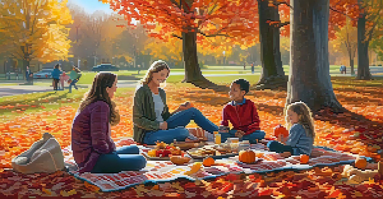 A family picnic in an autumn park, surrounded by colorful leaves and children playing, creating a joyful atmosphere.
