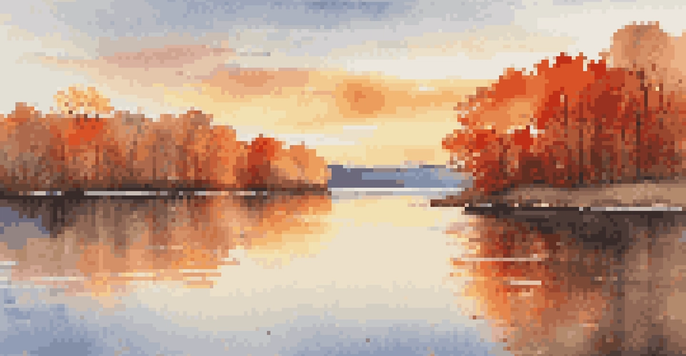 A calm lake surrounded by colorful autumn trees with a sunset casting a golden glow.