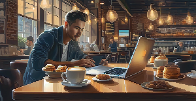A coffee shop owner working on a laptop, with coffee cups and pastries around, in a warm and cozy setting.