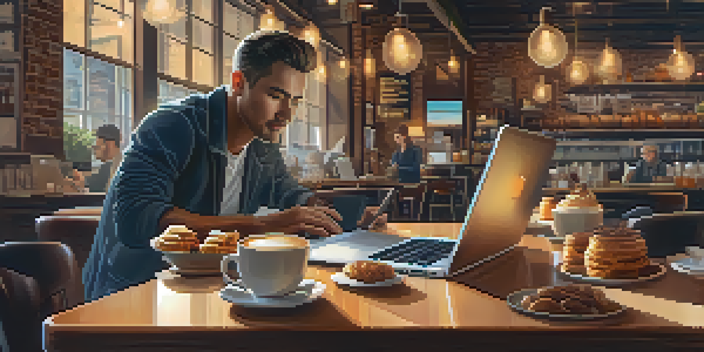 A coffee shop owner working on a laptop, with coffee cups and pastries around, in a warm and cozy setting.