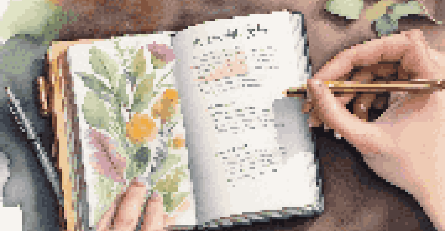 A hand writing financial goals in a journal surrounded by sticky notes and a cup of tea, illuminated by warm light.