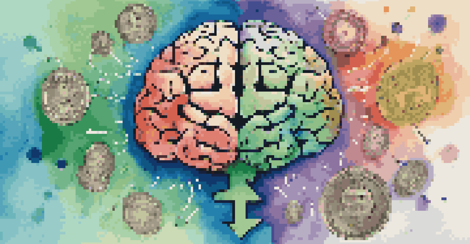 An abstract image showing a brain with colorful emotion icons and financial symbols in a blue and green gradient background.