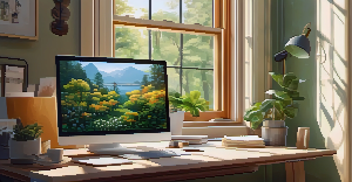A cozy home office with a modern desk, laptop, coffee cup, and garden view through the window.