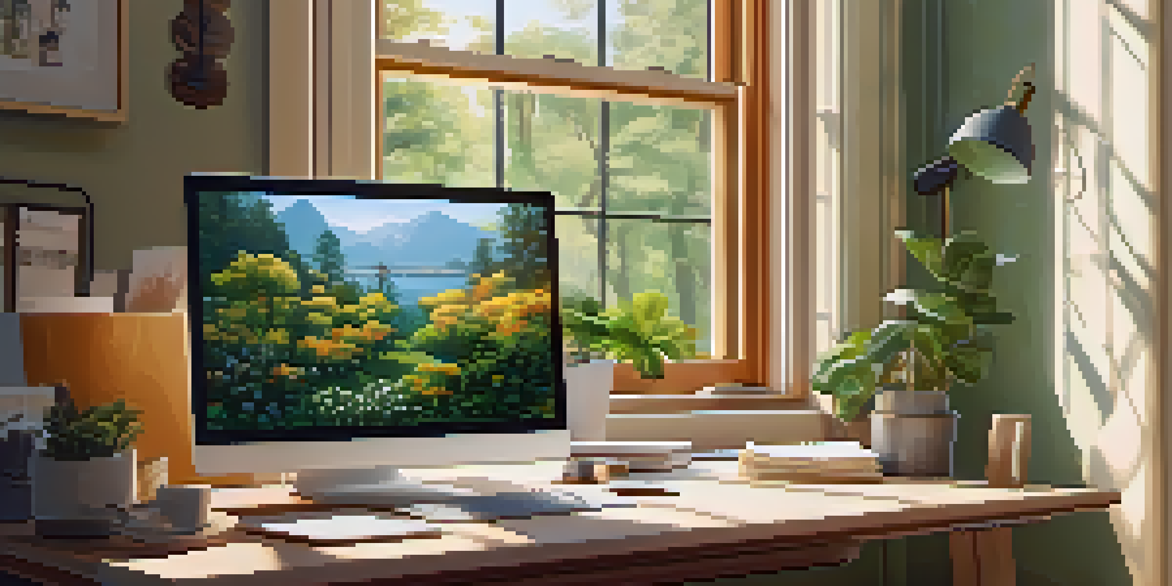 A cozy home office with a modern desk, laptop, coffee cup, and garden view through the window.