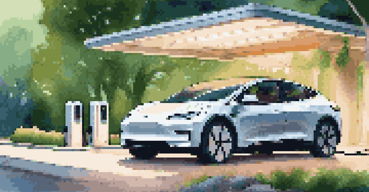 A close-up of an electric vehicle charging at a station, with a green park in the background.