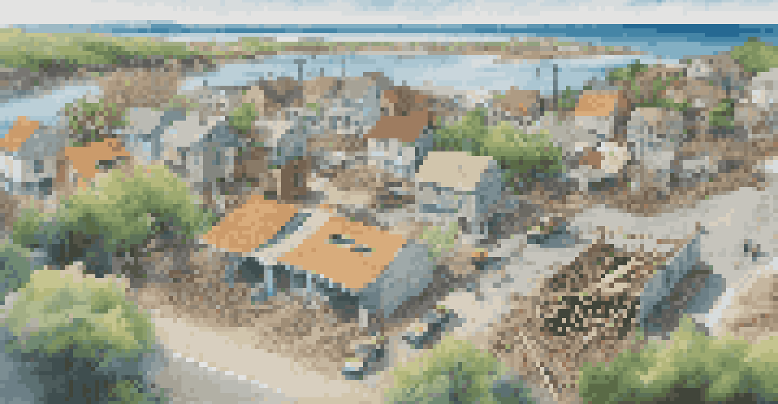 Aerial view of a coastal town recovering from a natural disaster with construction workers.