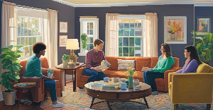A family sitting together in a living room, discussing finances with a budget chart on the table, surrounded by warm decor.