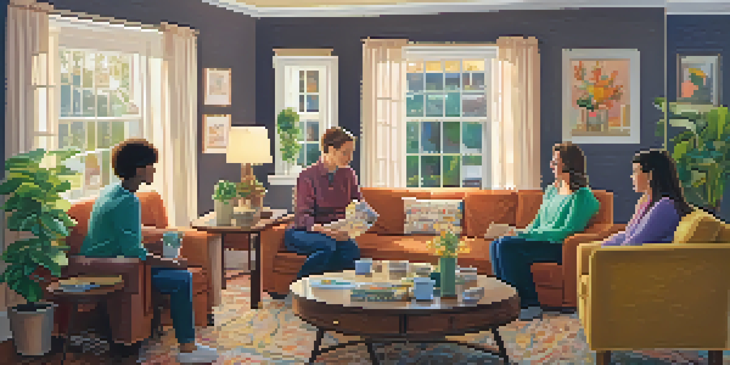 A family sitting together in a living room, discussing finances with a budget chart on the table, surrounded by warm decor.