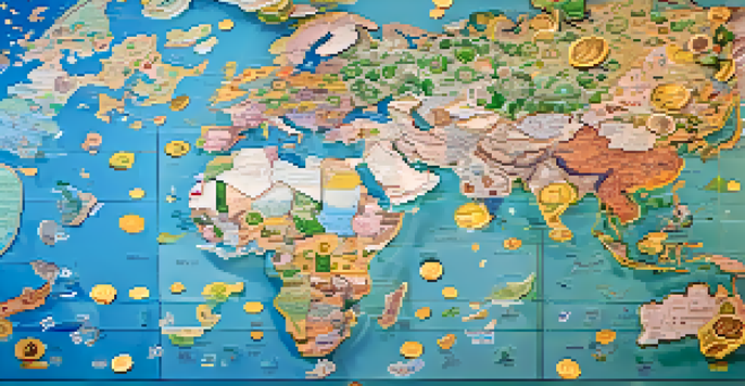 A detailed world map with various currency symbols overlayed, showcasing the concept of currency fluctuations.