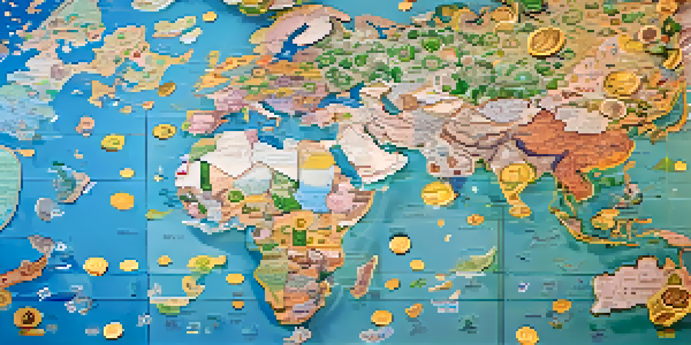 A detailed world map with various currency symbols overlayed, showcasing the concept of currency fluctuations.