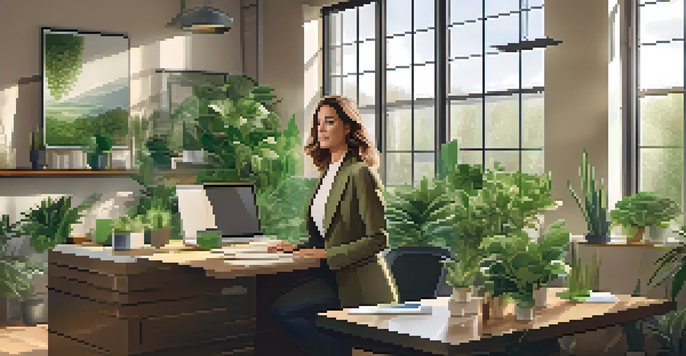 A confident professional woman in a modern office, reviewing sustainable investment strategies with a laptop and plants around her.